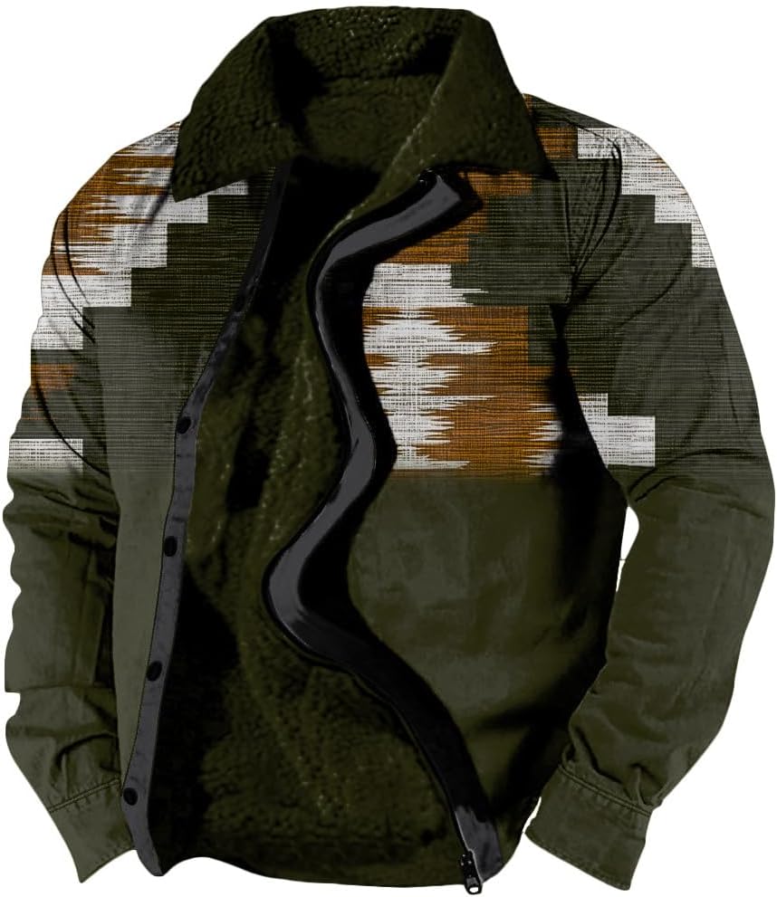 Mens Cowboy Lapel Jackets Winter Warm Sherpa Zipper Western Aztec Jacket for Men Ethnic Vintage Fleece Outwear Coats