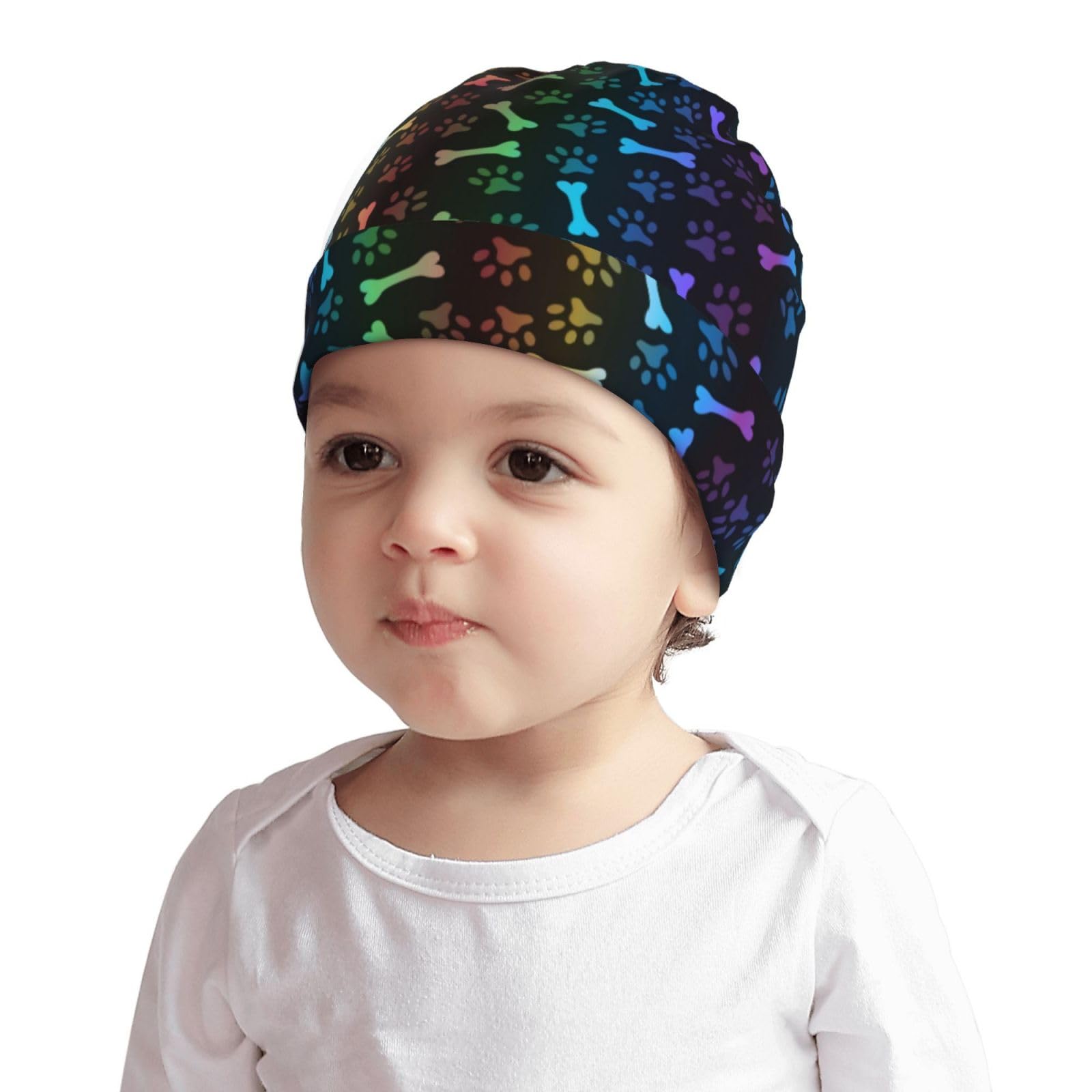 Rainbow Paw Footprint Animal Pattern Kids Beanie Hats Warm Knit Beanie Cap Skull Caps Gifts Decor for Boys Girls