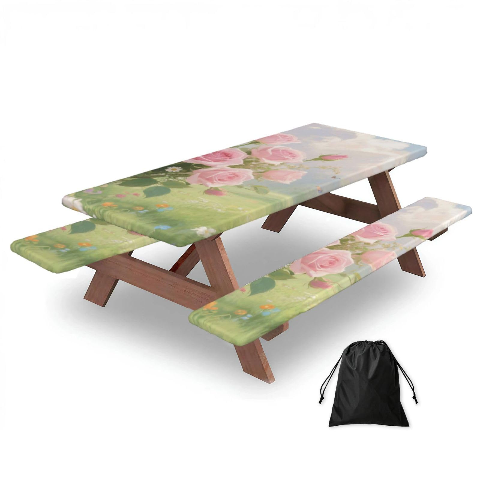 FekiLoot Rose Picnic Table Cover with Bench Covers and Bag, Windproof Waterproof Rectangle Tablecloth with Elastic Edges Fitted Camping Table Covers for Picnic Party Travel