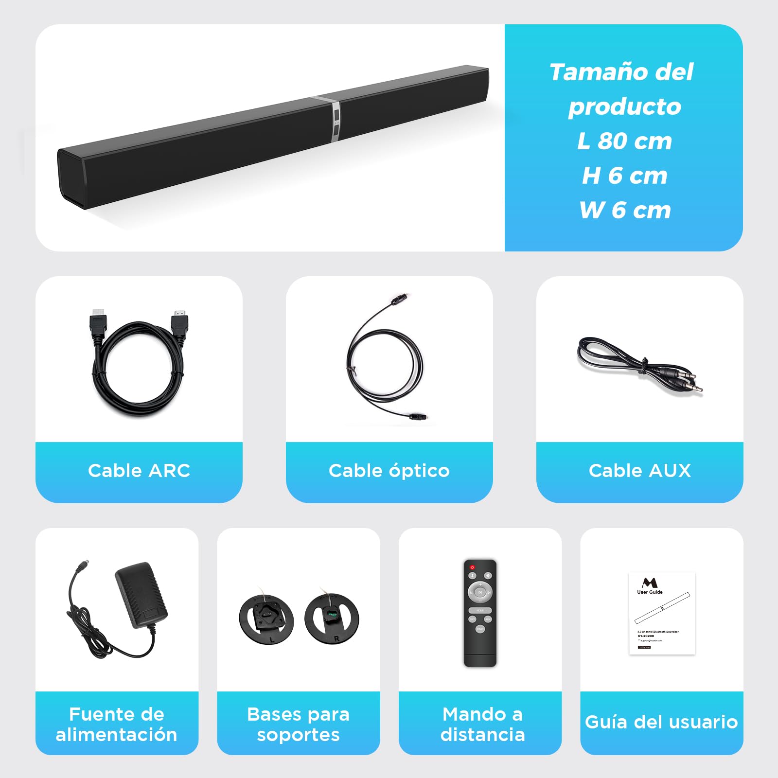 2.0 Barra de Sonido para TV, Barra de Sonido Separable 2 en 1 de 32 Pulgadas para Dispositivos de TV con 3 Modos de ecualización y 3 Sonidos envolventes, ARC/Óptico/AUX, 1pcs