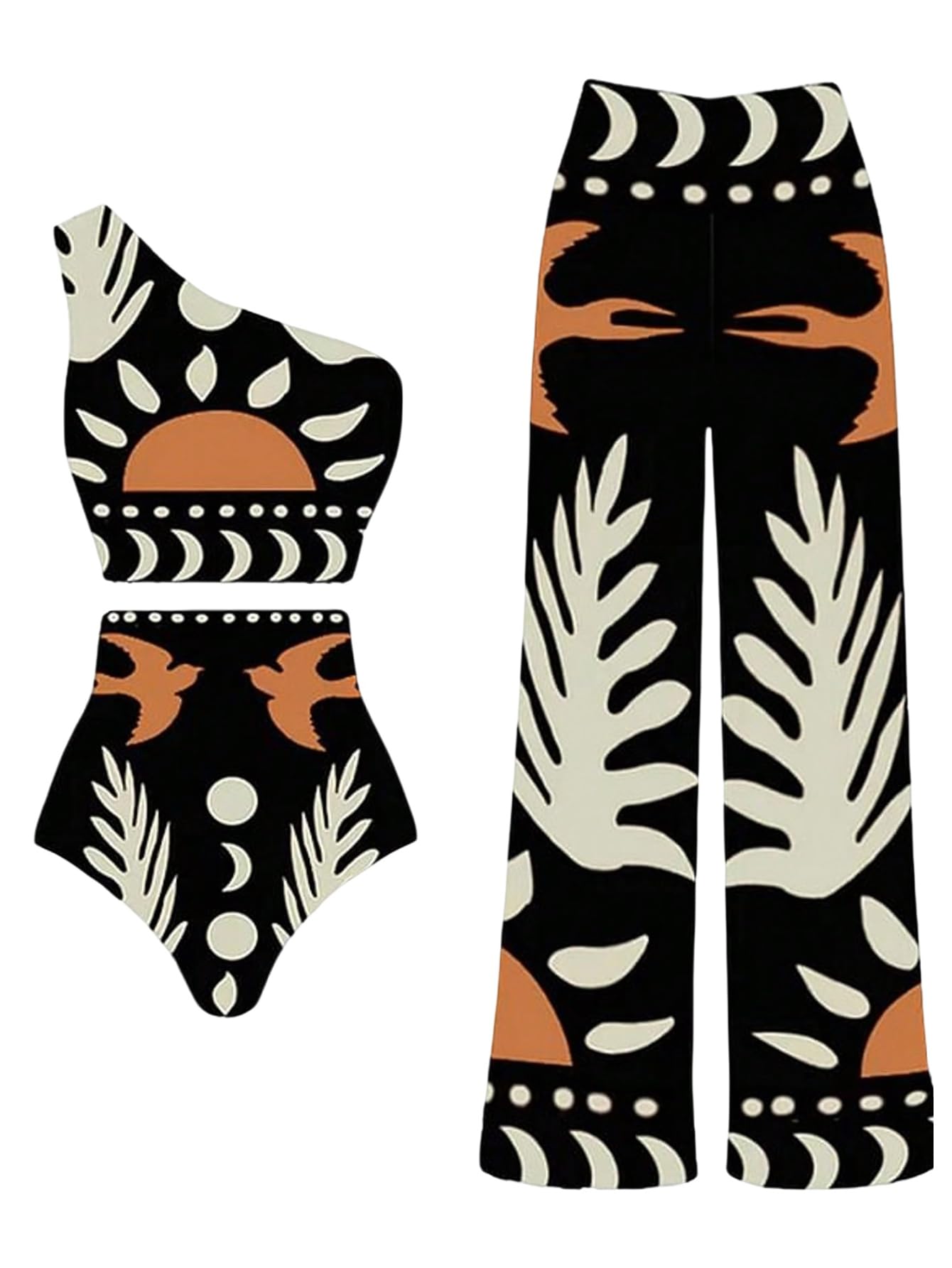 SOLY HUX Womens 3 Piece Swimsuit Printed One Shoulder High Waisted Bikini Set Bathing Suit with Cover Up