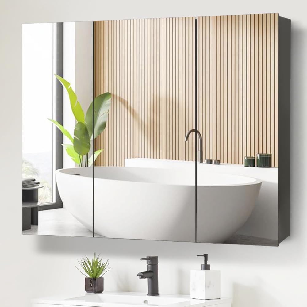 Movo 40 Inch x 28 Inch Black Bathroom Mirror Medicine Cabinet, Frameless Large Wall Mount Medicine Cabinet with 3 Doors,Rmovable Shelves