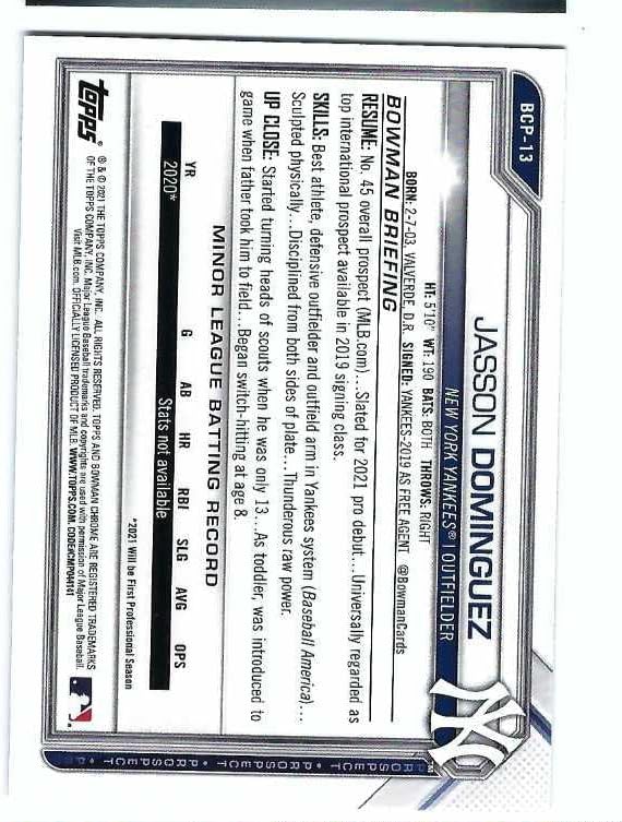 JASSON DOMINGUEZ 2021 Bowman Chrome Prospects #BCP13 Rookie Card RC New York Yankees Baseball