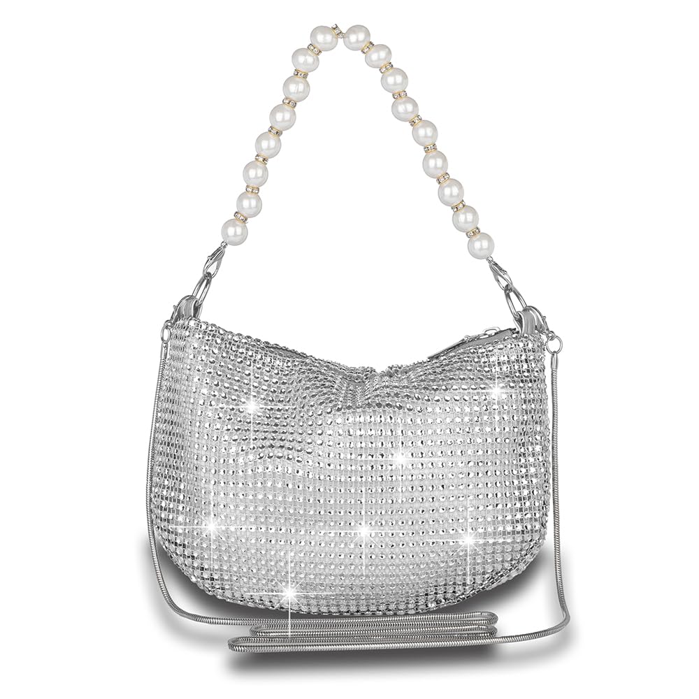 Sither Rhinestone Purse for Women Evening Bag Sparkly Clutch Handbag with Pearls Chain for Party (silver)