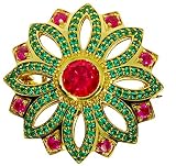 ETHNIQ Yellow Gold 22K Plated Brooch - Handcrafted Floral Breastpin with Ruby & Cubic Zirconia Carri