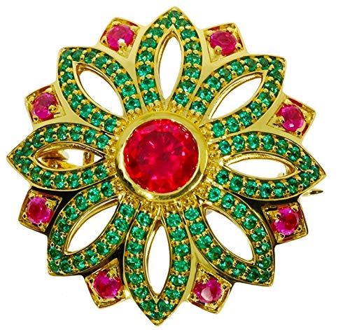 Ethniq Yellow Gold 22K Plated Brooch - Handcrafted Floral Breastpin With Ruby & Cubic Zirconia Carrington Collection - Classic Bow Pin For All Events - Ideal Decorative Accessory & Gift For Women #TOP13