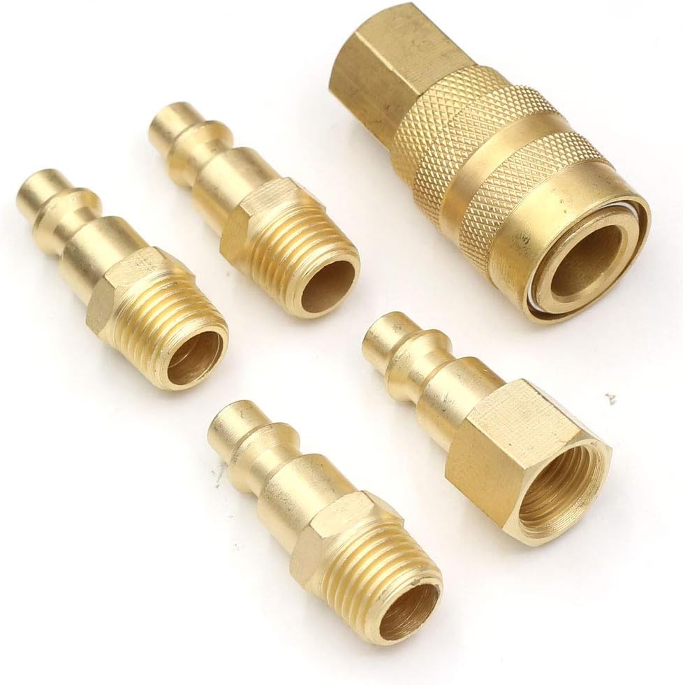 CEKER Air Fittings 1/4" NPT Quick Connect Air Hose Fittings 5 Piece Solid Brass Air Coupler and Plug Kit Industrial Type Air Compressor Accessories Set