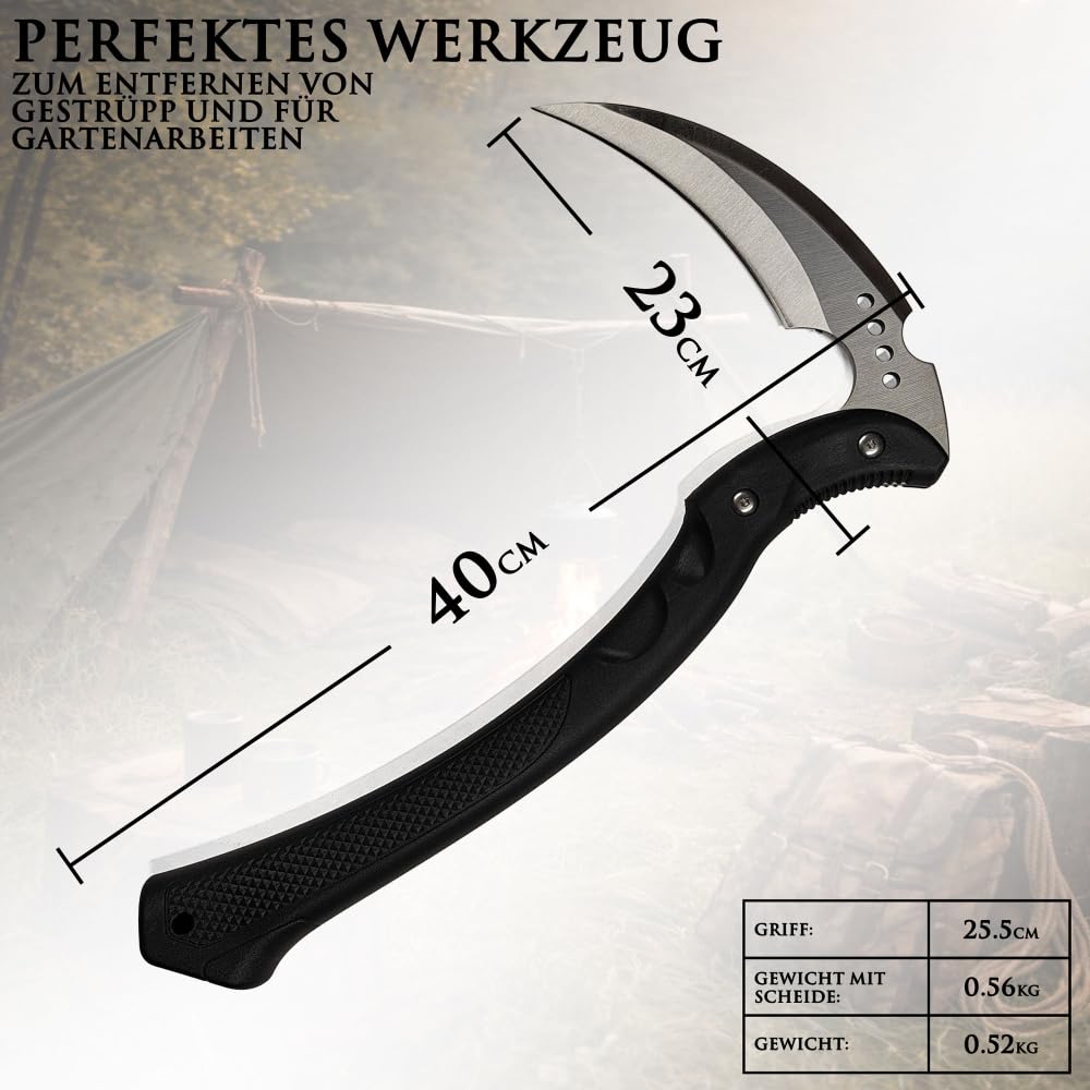 Outdoor Kama Sichel 40 cm – Bushcraft Gartenwerkzeug mit 3Cr13 Edelstahlklinge – Japanische Sichel für Gartenarbeit, Camping, Survival & Outdoor Einsätze