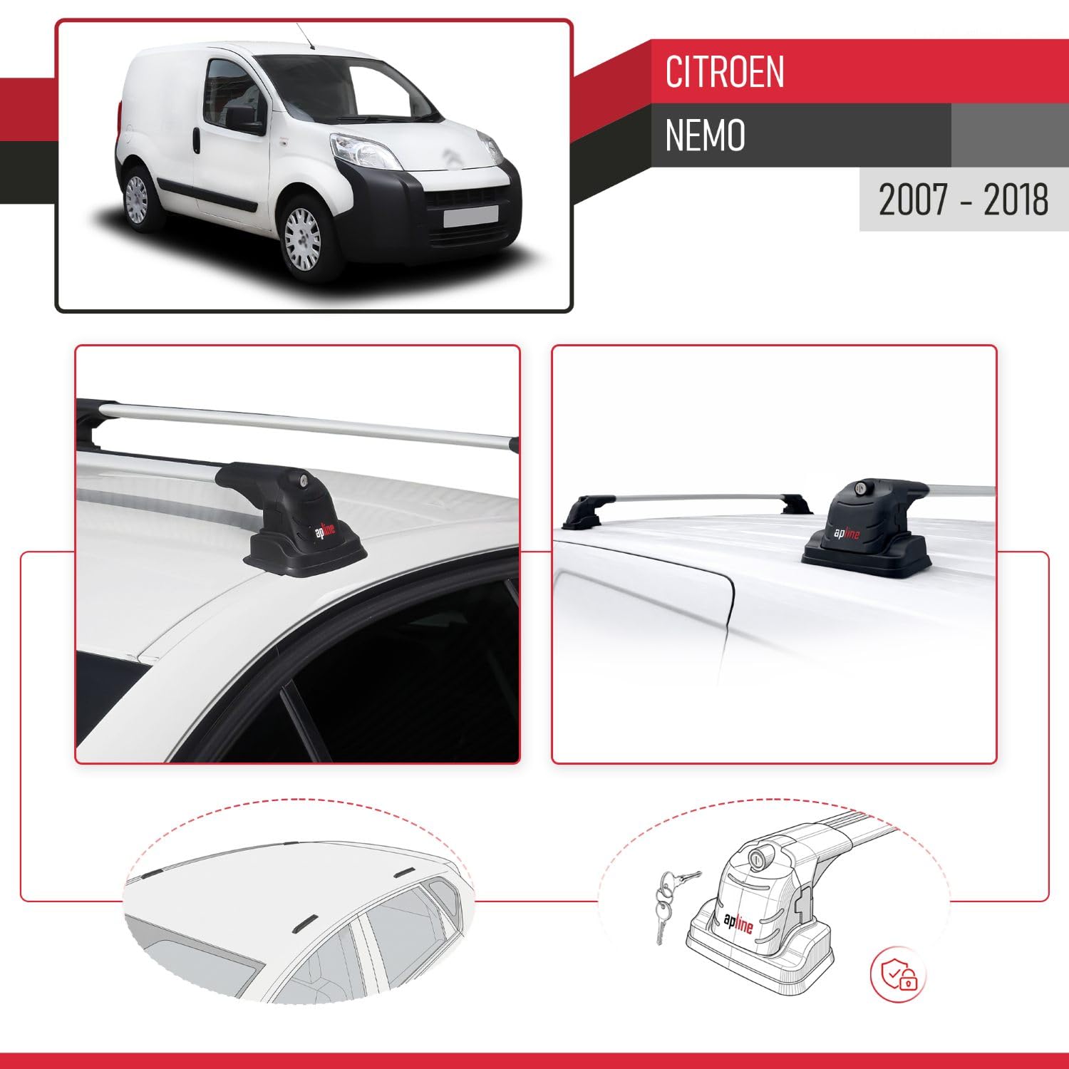Kompatybilny z Citroen Nemo 2008-2019 ACE-3 Model Aluminiowy bagażnik dachowy 2 poprzeczki, szary