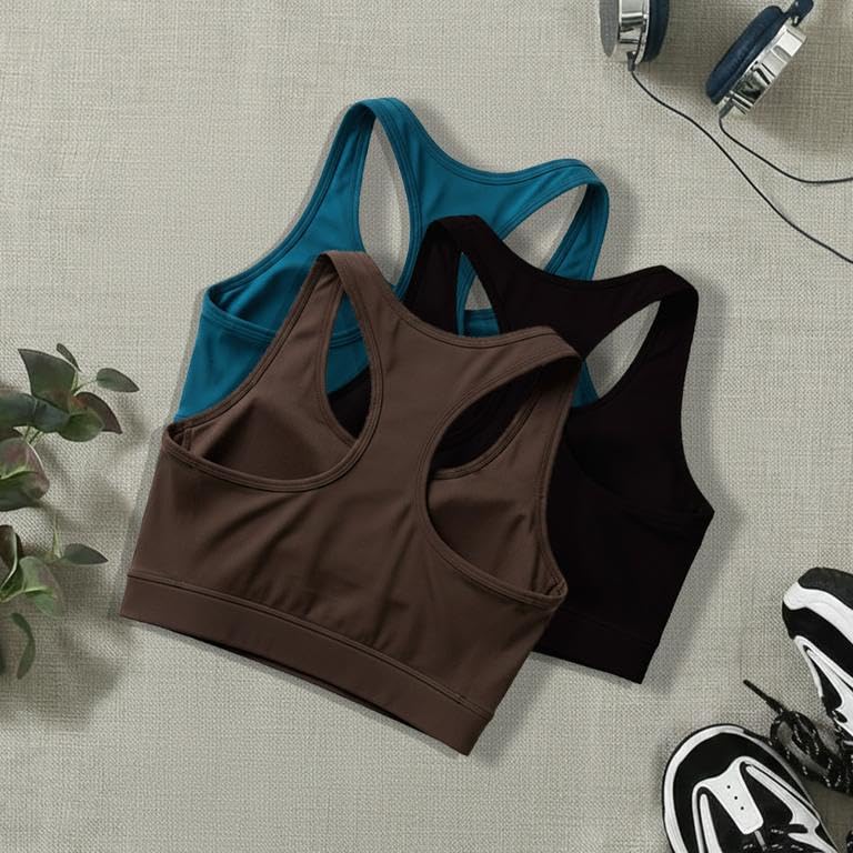 Image of BOLD & BEAUTY Women Cotton Blend Sports Bra with U-Neck, Racerback Style and Regular Straps for Workout, Yoga & Training (Pack of 3)