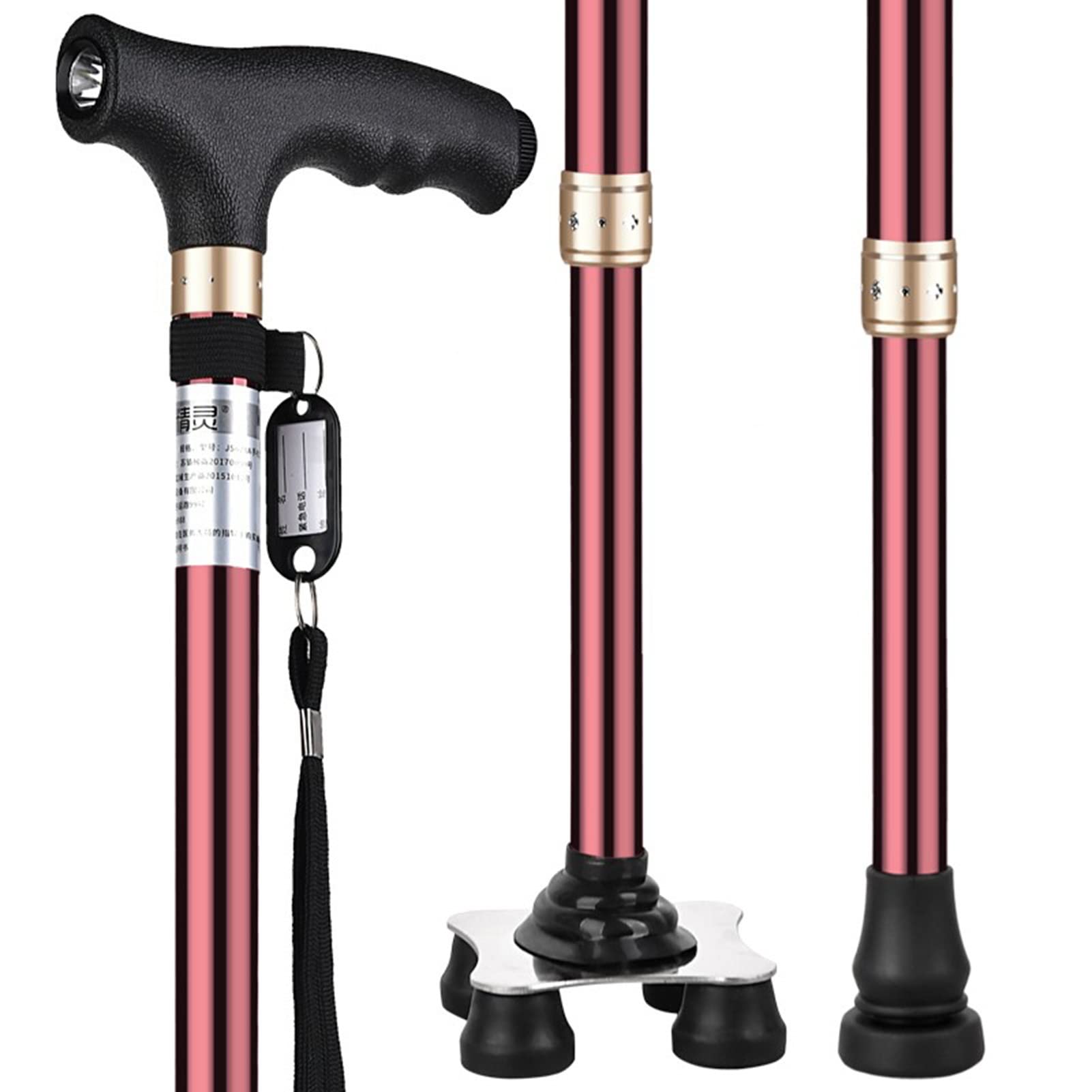 Bastón cuádruple para Hombres y Mujeres, bastón de Aluminio Ligero con 4 Patas, muletas telescópicas para Adultos Mayores, con luz LED/Correa para la muñeca, Rojo Vino