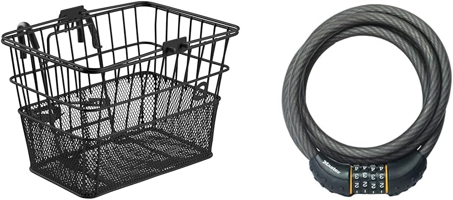 Retrospec Apollo Detachable Front Bike Basket Steel Half-Mesh with Integrated Detachable Hooks and Built-in Handle Bundle with Master Lock 6 ft Cable Lock, Set Your Own Combination