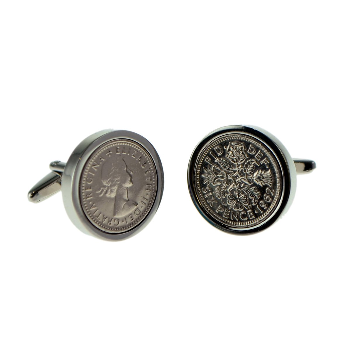 Gtr Silver Genuine Lucky Sixpence Cufflinks In Leatherette Cufflink Box X2lss-Xcbox (1956)