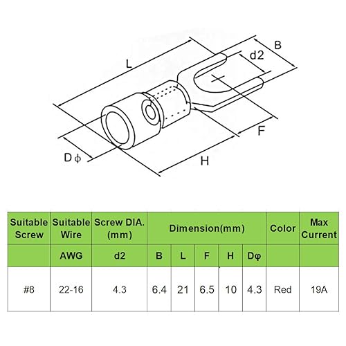 Miniatura 2 de MILAPEAK - 100 conectores de alambre de espada de horquilla aislados, terminales de crimpado eléctricos tipo U para cable de 22-16 AWG (rojo)
