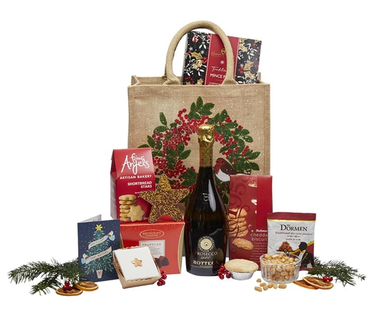 Marie Curie Charity Luxury Christmas Hamper 10 Piece Food Drink Gift Prosecco Snacks Treats Jute Bag
