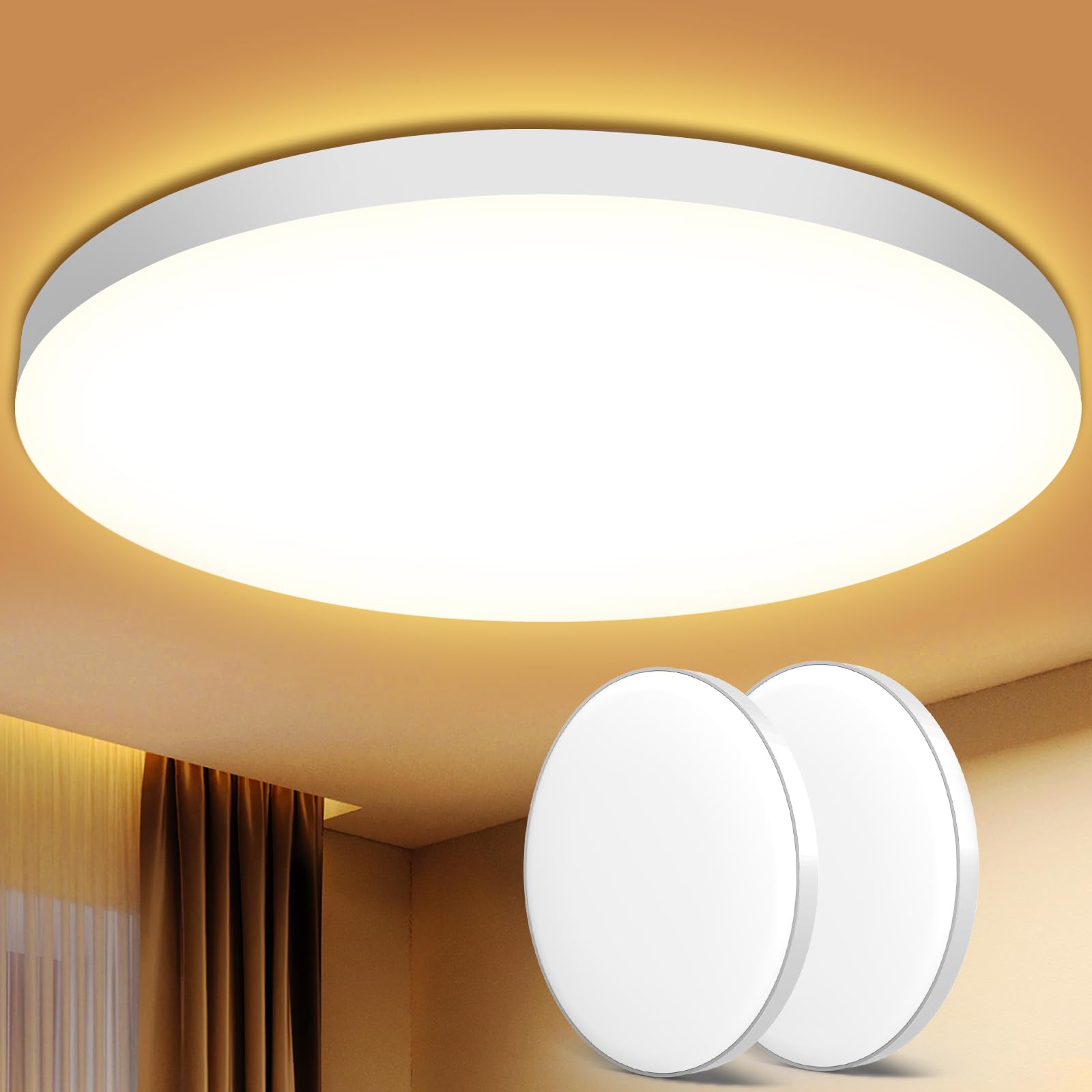 Plafoniera LED Soffitto 24W [2 Pezzi], Lampada da Soffitto 3000K 2000LM Plafoniera Bagno IP44 Impermeabile Ø28CM Rotonda Lampadario LED Moderna Luce Soffitto per Cameretta/Cucina/Soggiorno/Corridoio