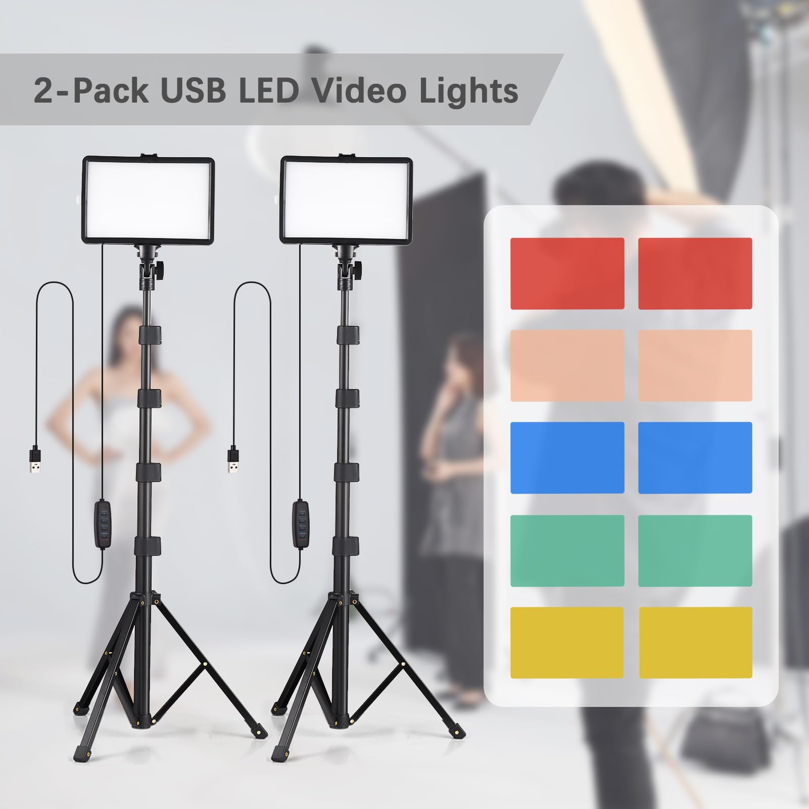 Zestaw lamp wideo LED USB, dwukolorowe światła wypełniające temperaturę, 10-stopniowa jasność, ze stojakami świetlnymi, filtry kolorów do wideokonferencji, transmisji strumieniowej na żywo