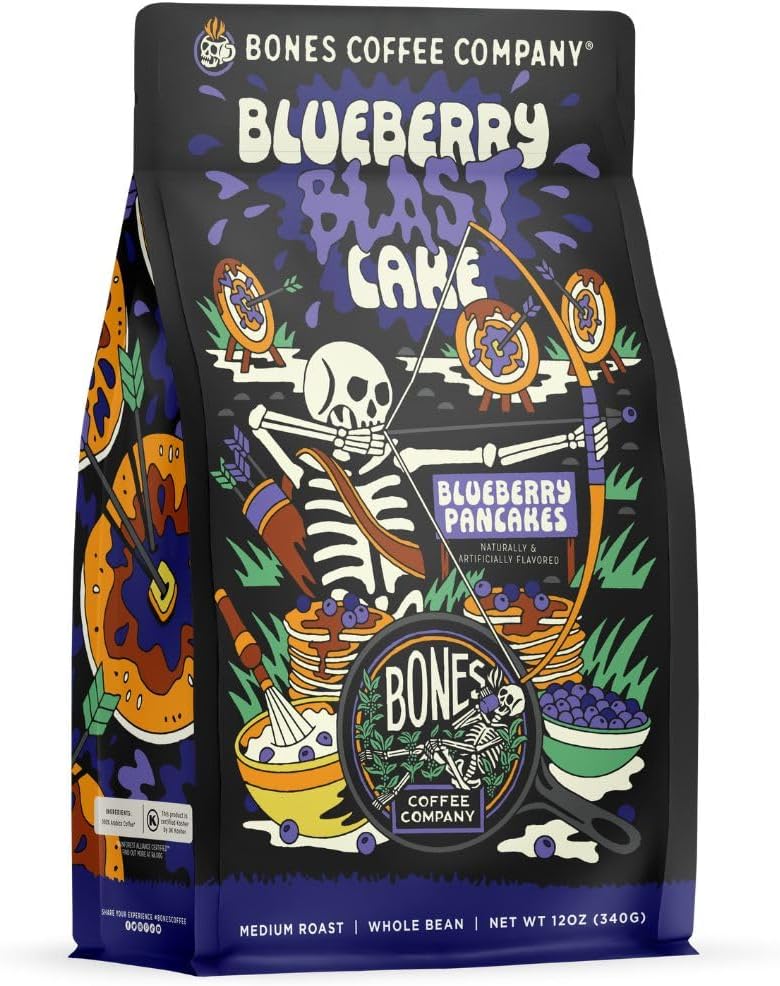 Bones Coffee Company Blueberry Blast Cake, Blueberry Pancakes Flavored Coffee, Medium Roast Low Acid Arabica Beans Compatible with Auto drip and French Press Coffee Maker, 12 Oz Whole Bean