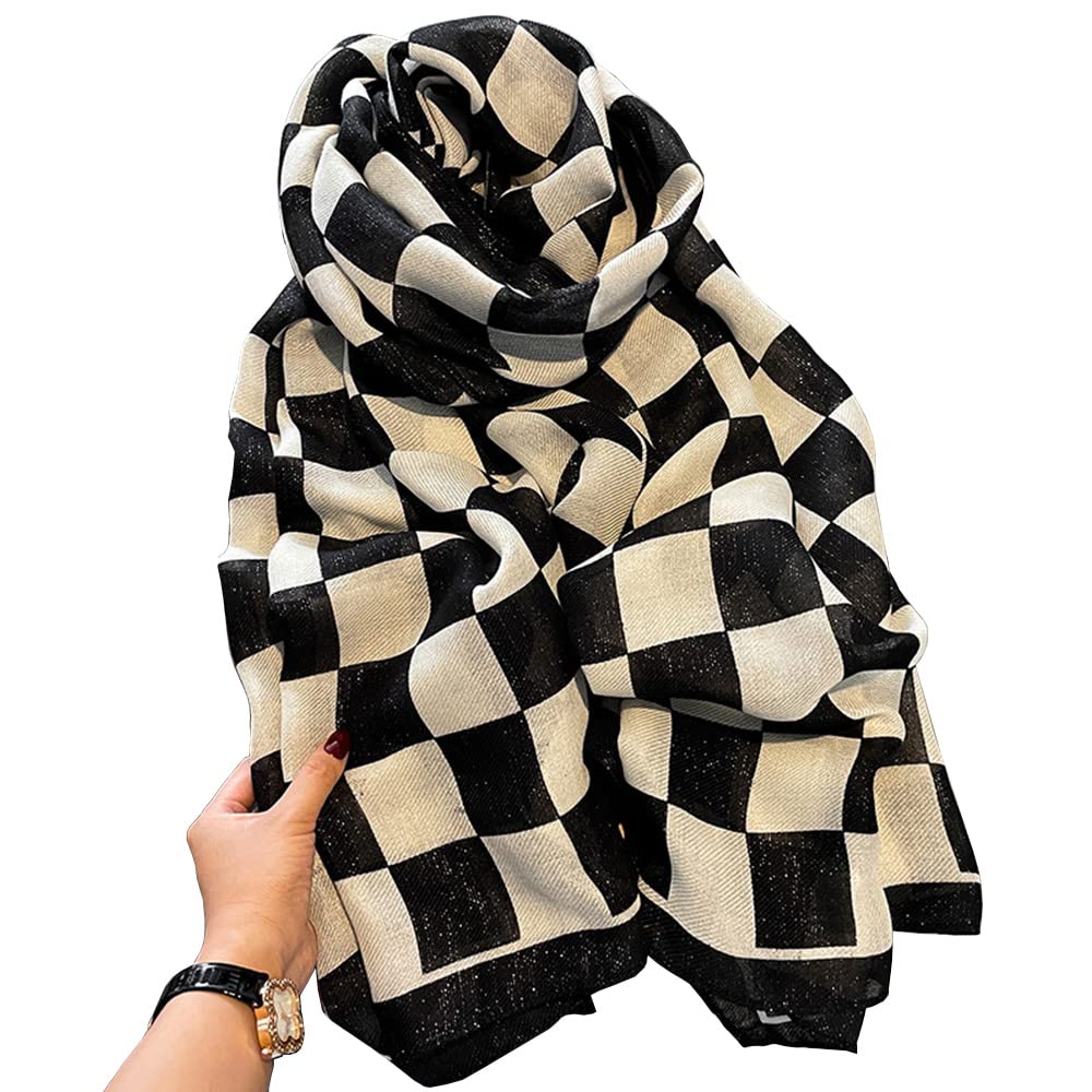 First Choose Women's Black-Square Cotton Linen Feeling Large Long Scarf Shawl Check Style Sunscreen Shawls Wraps Lightweight Pattern, Large