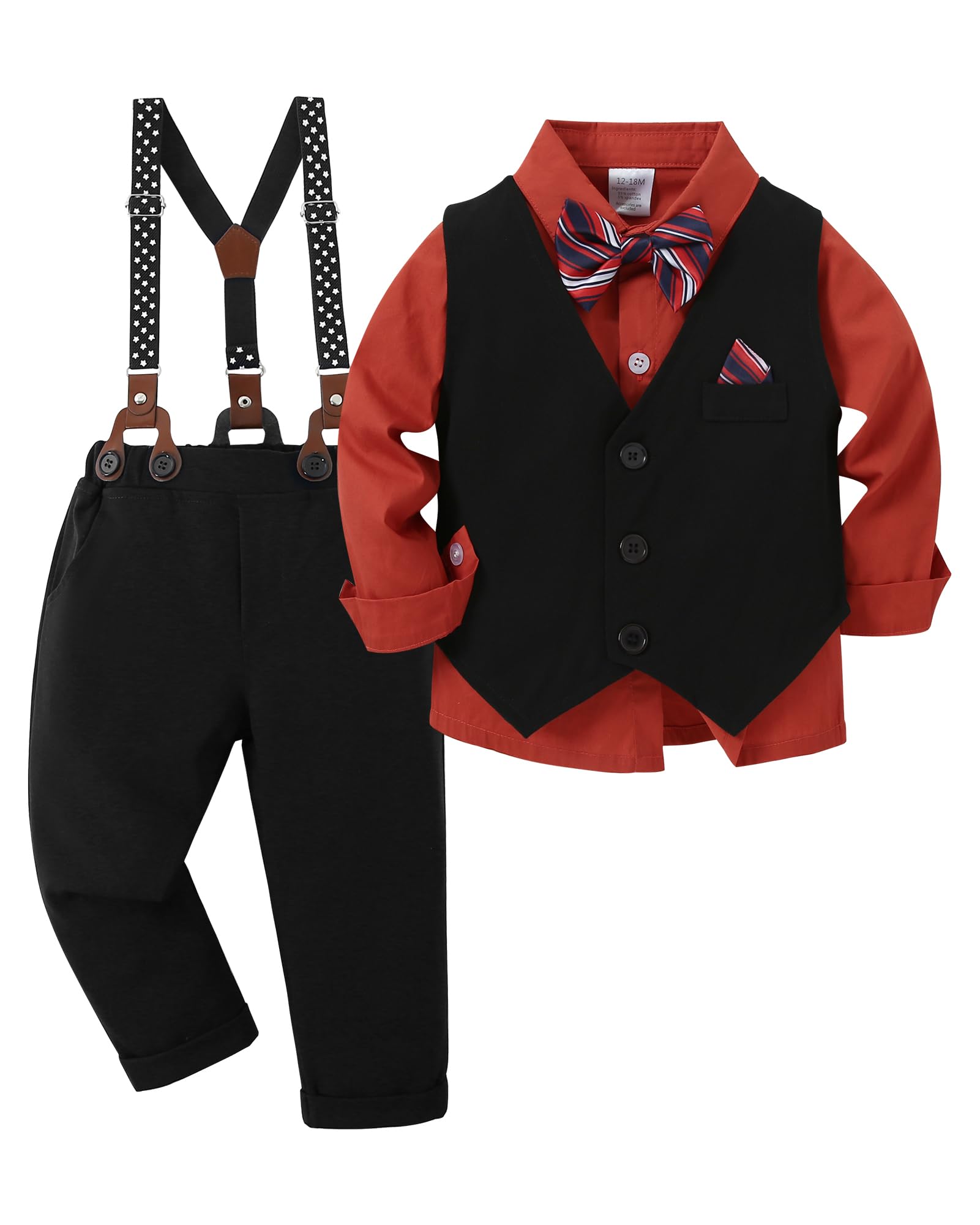 YUEMION Toddler Baby Boy Clothes Suits Gentleman Dress Shirt+Bowtie+Vest+Suspender Pants Boy Formal Wedding Outfits Set 1-5T