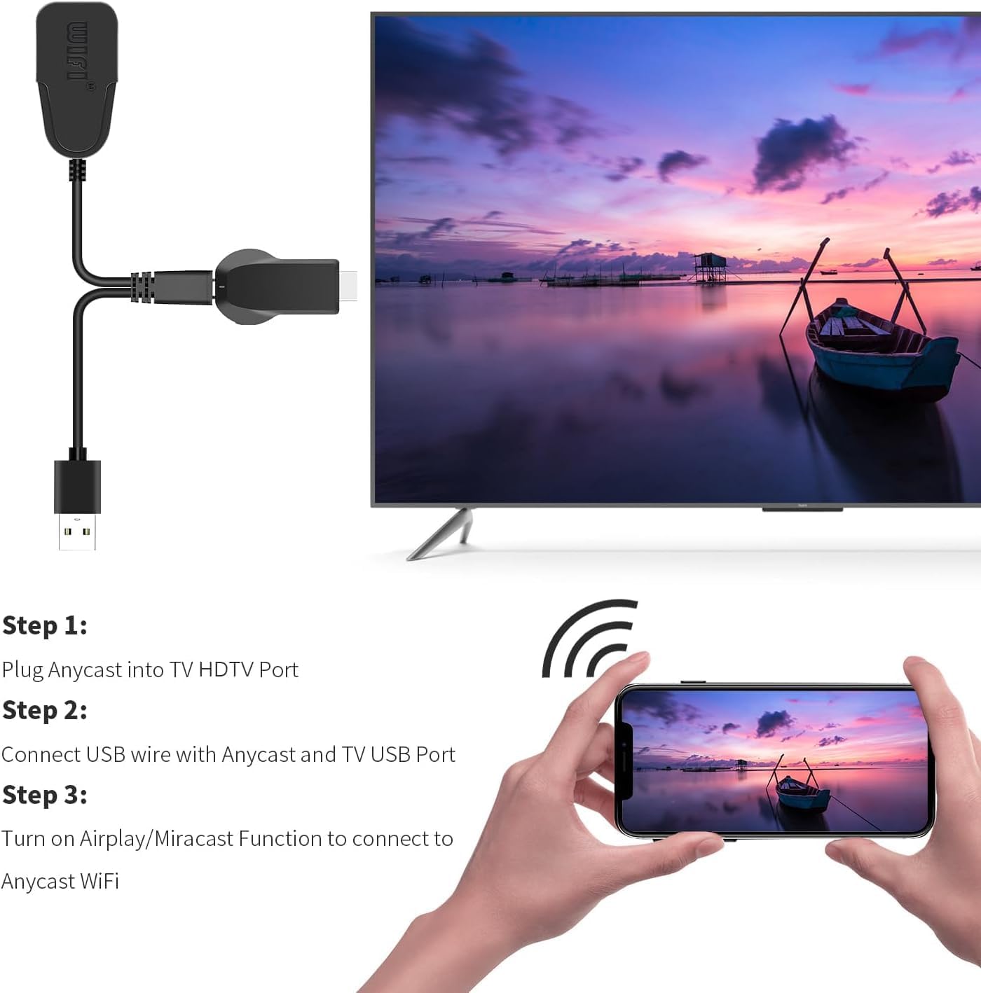 Diagram showing the three steps to set up the Anycast adapter: Plug into HDTV port, connect USB power, and turn on Airplay/Miracast function to connect to Anycast WiFi.