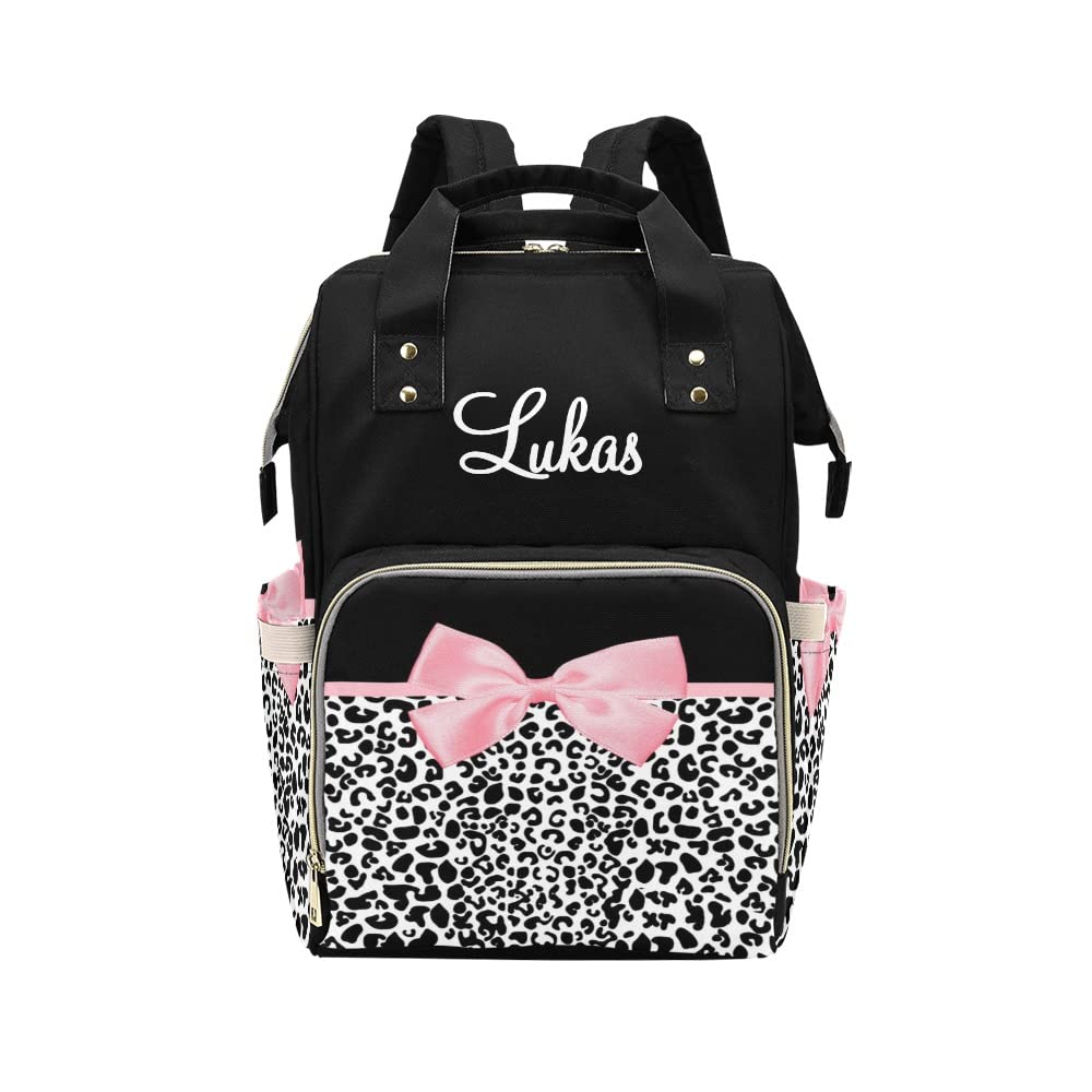 Grandkli Leopard Print Pink Bow Personalized Diaper Bag Multi-Function Backpack Nappy Bag Travel DayPack for Unisex, One Size