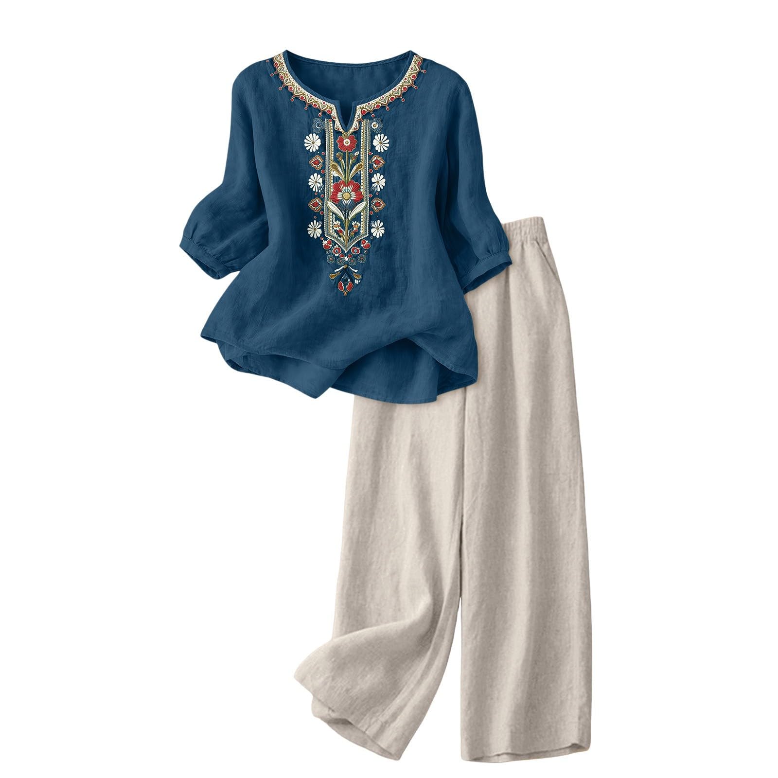 Ensemble Femme En Lin Décontracté Respirant Chic Et Elegant Tunique 3/4 Manches Pantalons Coton Et Lin Ensemble 2 Pieces D'été Casual Jogging Vetement Tendance Motif de Broderie Survêtements