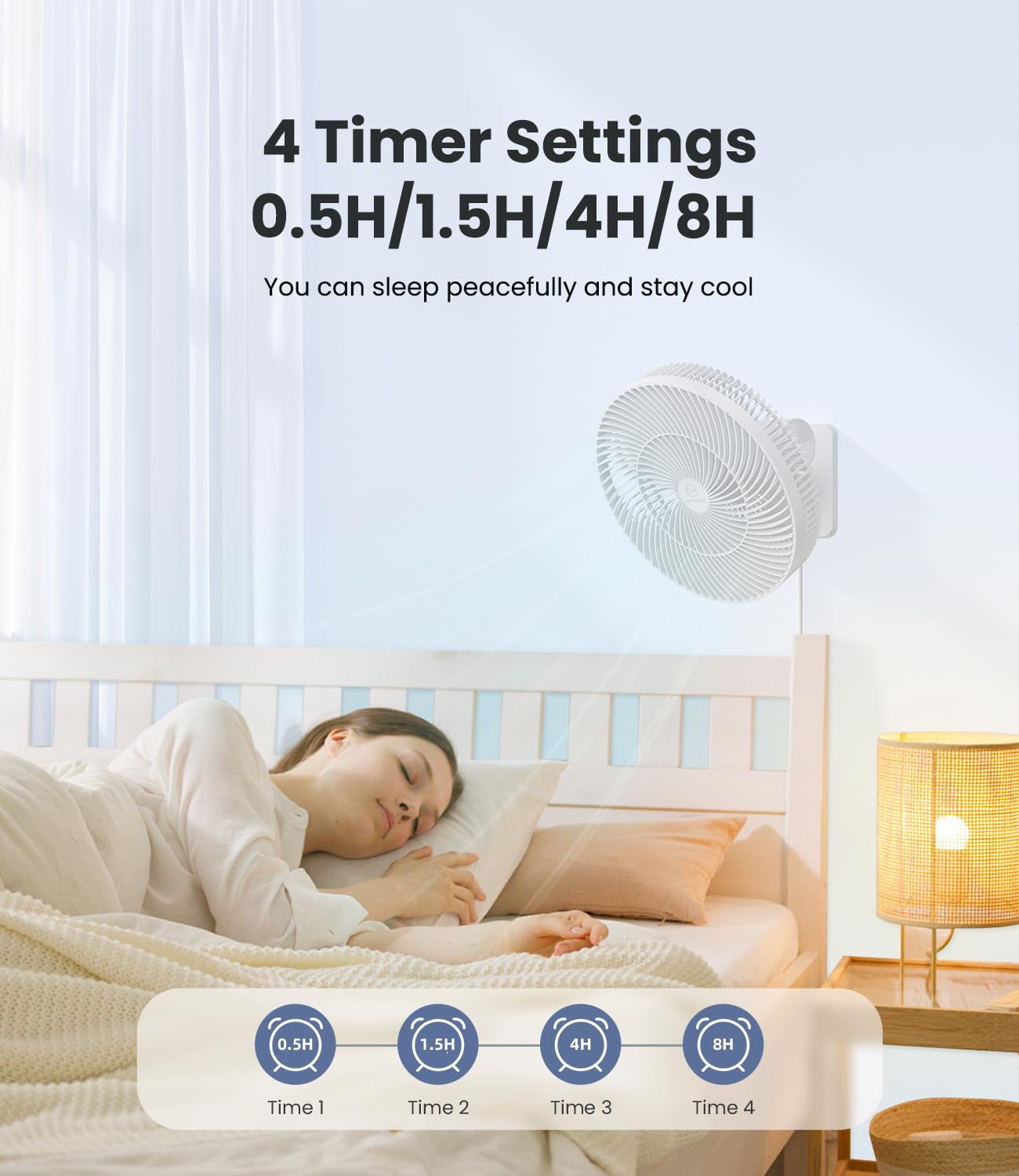 Ventilador de pared de 12 pulgadas con control remoto, oscilación de 90°, temporizador de 4 velocidades e inclinación ajustable, cable de 8.2 pies, silencioso, ideal para el hogar 4