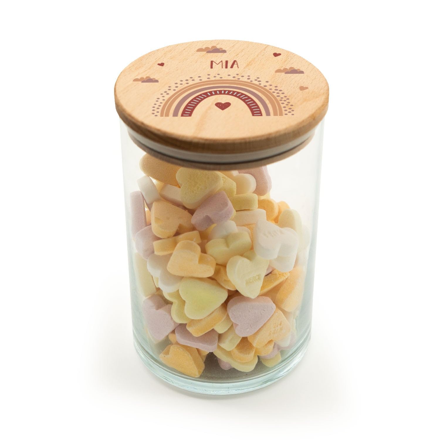 GRAVURZEILE Vorratsglas mit bedrucktem Holzdeckel - Regenbogen Rot - Personalisiert mit Name & Datum - Keksdose Bonbonglas mit Deckel - Vorratsdose - Geschenk für Kinder - 880 ml