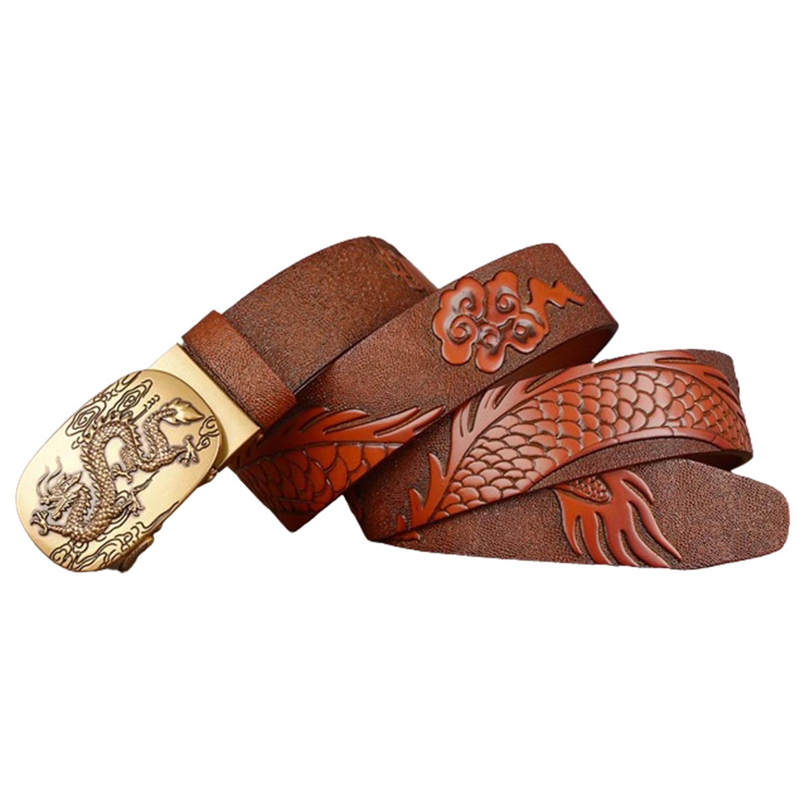 Cinturón De Trinquete para Hombre Hebilla Automática Deslizante Dragon Cinturones De Dragón Tallado En Relieve Longitud 110-130cm Correas De Cuero De Vaca(120cm/47, Brown)
