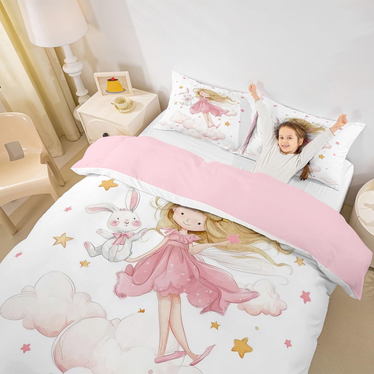 Homewish Cute Pink and White Duvet Cover Set for Kids Girls Bedding Single Size Cartoon Rabbit Quilt Cover Kawaii Pink Yellow Stars Bed Sets with 1 Pillowcase - Image 3