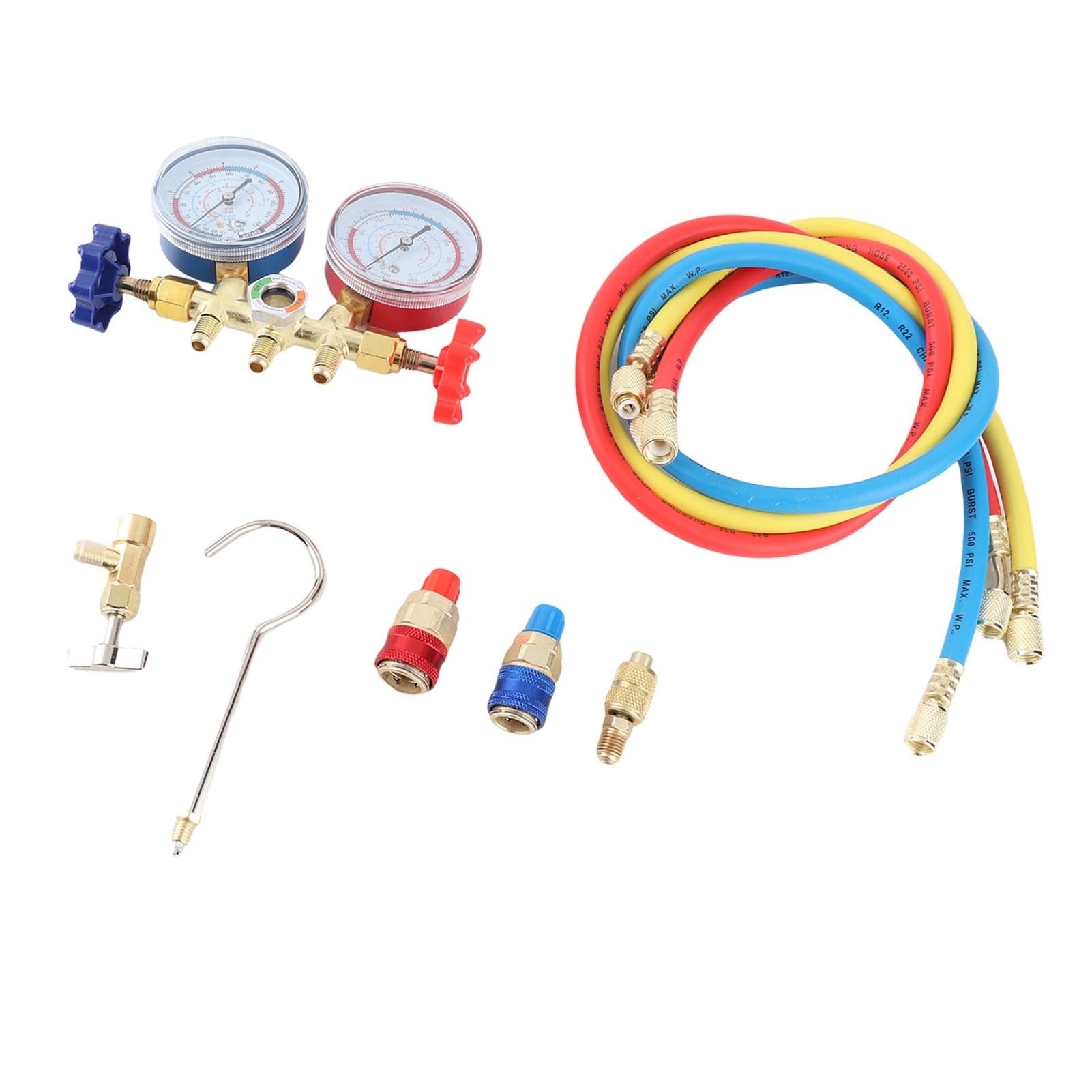 Sorandy Manómetro de Aire Acondicionado R410 22 134A, Juego de Manómetro de Colector Duradero de 3 Vías para Carga de Freón con Mangueras de Nailon Adhesivas