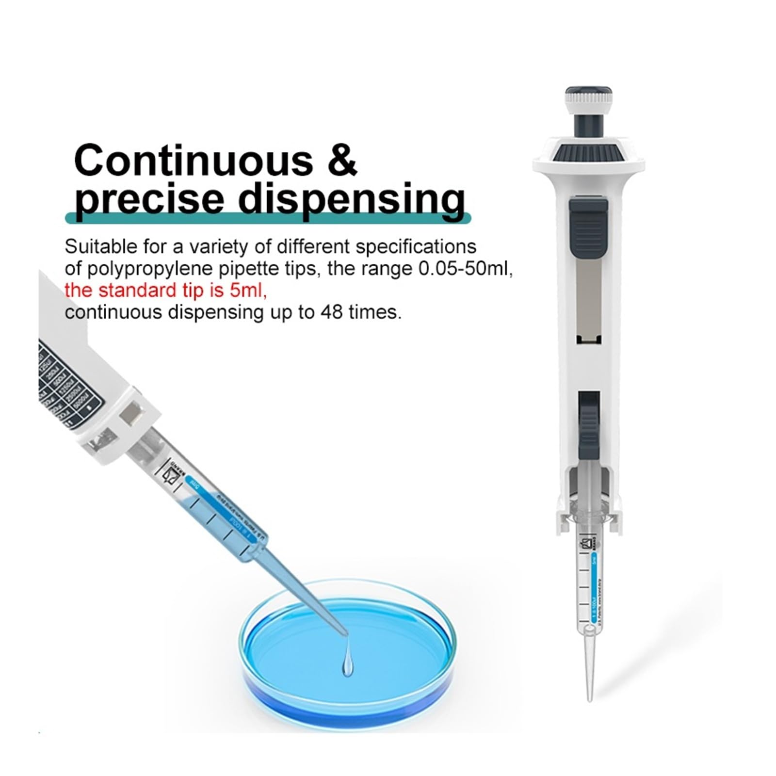 Dispensador continuo Pipeta dispensadora de laboratorio Manejo de líquidos ajustable Paso a paso Volumen de 0,5-50 ml Extracción precisa