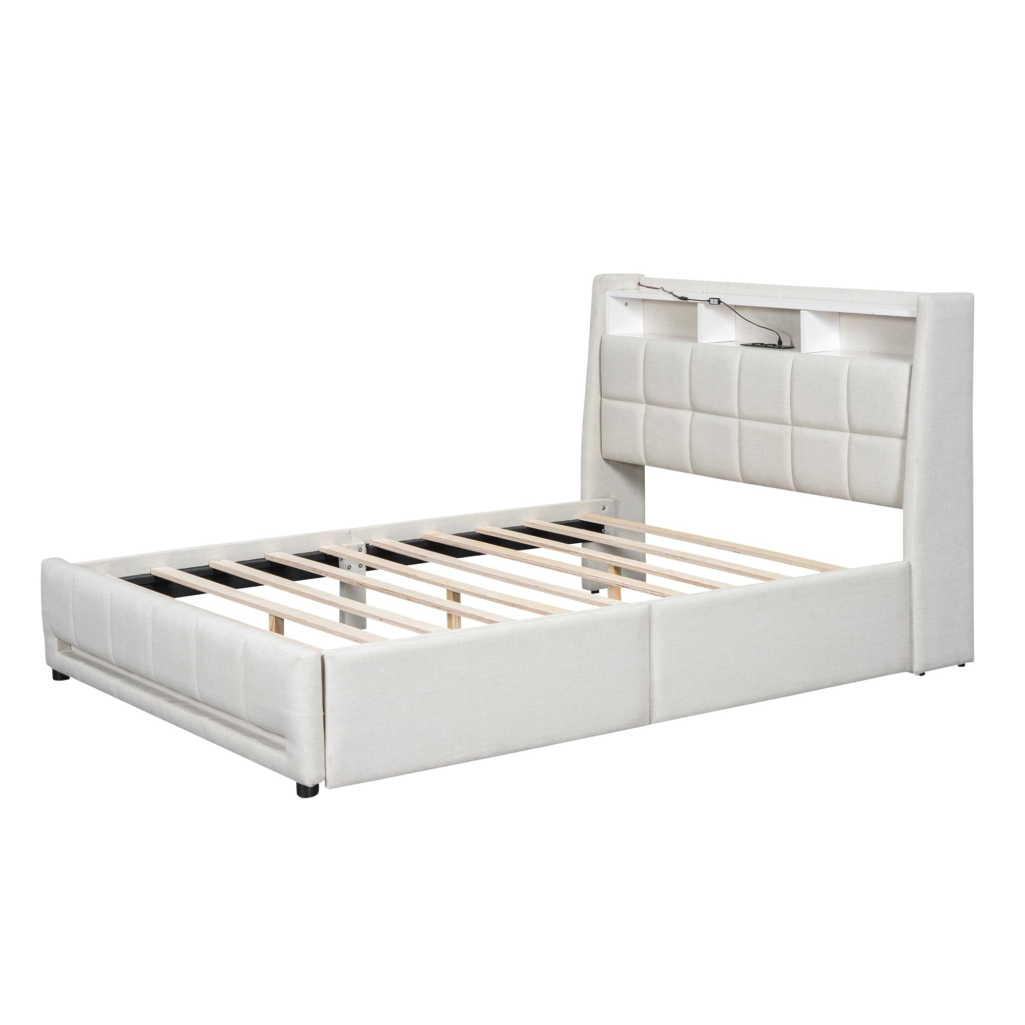 Aoskem Polsterbett Doppelbett 140x200 cm, LED-Bett mit 2 Schubladen, Kopfteil mit Stauraum & USB-Buchse, Stauraumbett Bettgestell mit Lattenrost, Funktionsbett Flachbett, Ohne Matratze, Leinen Beige