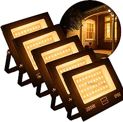KIT 5 Refletor LED 200W Holofote Bivolt Branco Quente IP66 SMD à Prova D'Água, Luz Alta Potência para Fachadas, Jardins, Piscinas, Eventos, Iluminação Moderna, Linha Premium