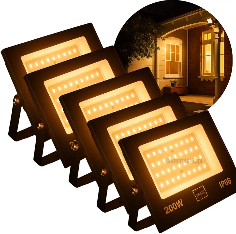KIT 5 Refletor LED 200W Holofote Bivolt Branco Quente IP66 SMD à Prova D'Água, Luz Alta Potência para Fachadas, Jardins, Piscinas, Eventos, Iluminação Moderna, Linha Premium