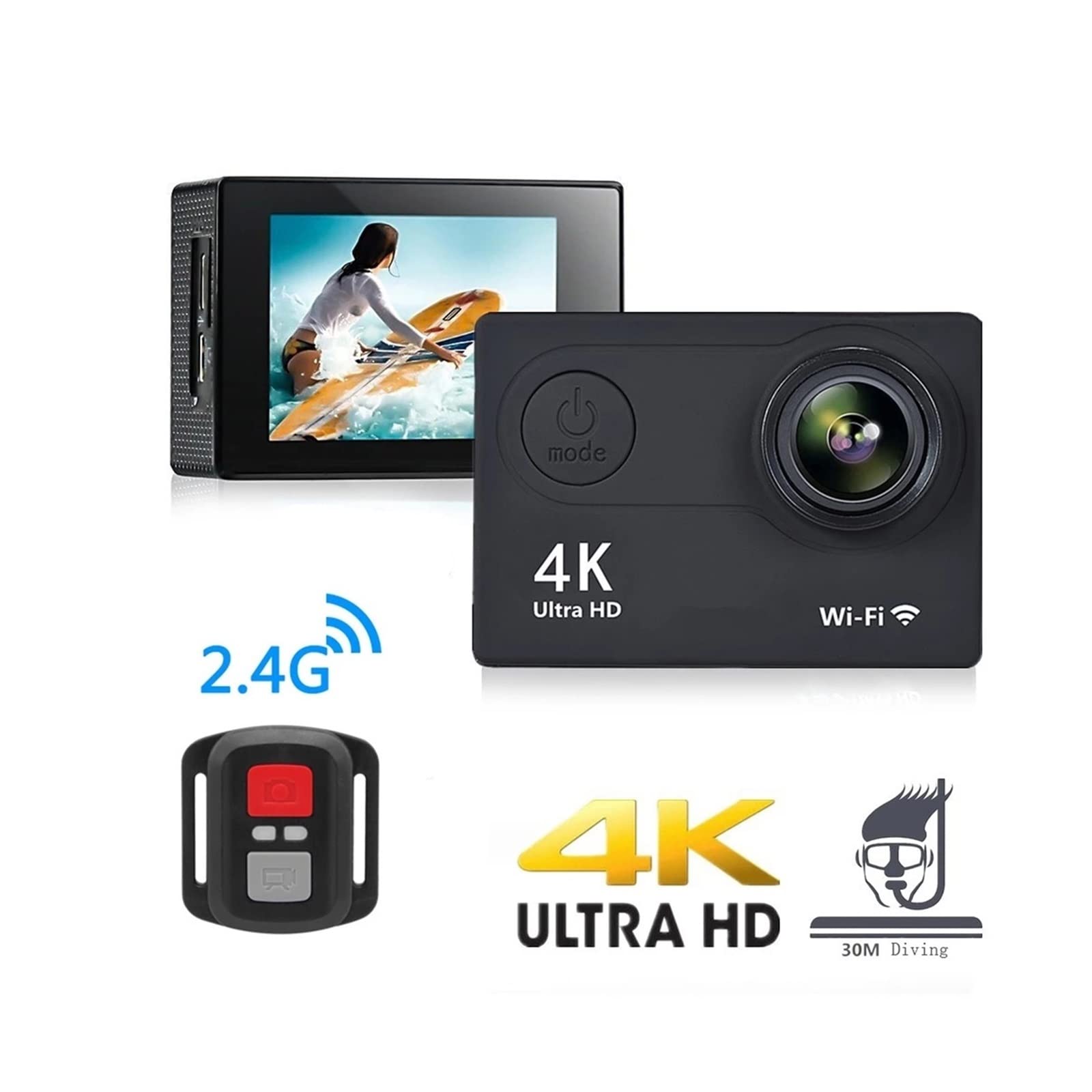 Kamera akcji, Kamera podwodna Ultra HD, H9R 4K Pilot Sportowe nagrywanie wideo DVR DV Wodoodporna Pro Mini Kask Zestaw akcesoriów do aparatu(Nero)