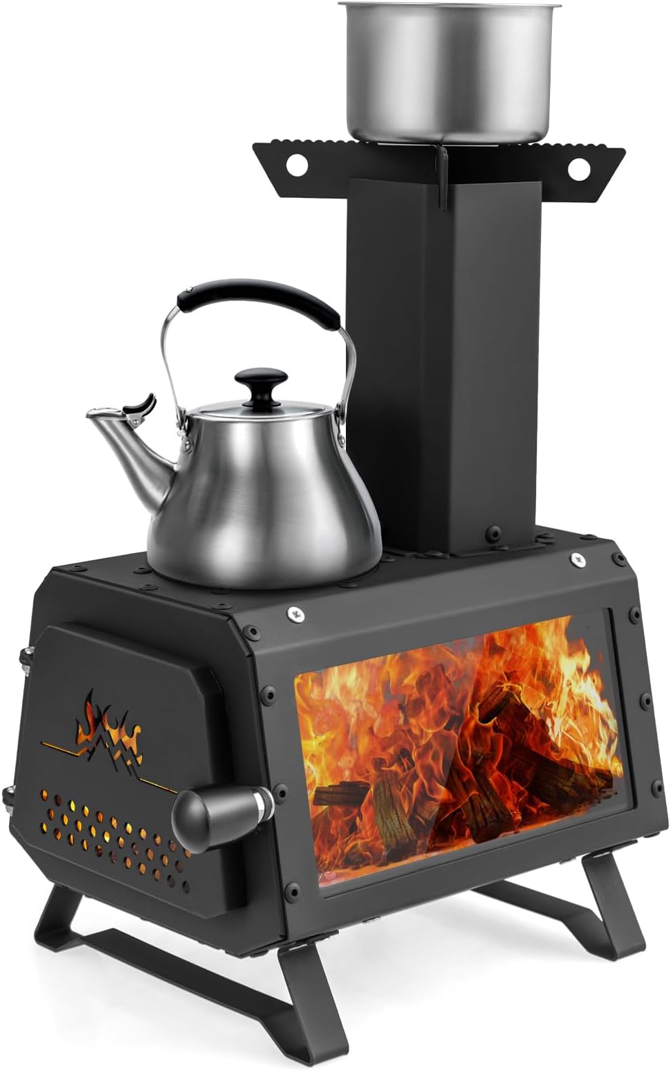 Giantex Portable Camping Wood Stove, Mini Wood Burning Stove w/ 2 Cooking Positions, Anti-scalding Door Handle, Glass Window, Tabletop Fire Pit for Outdoor Cooking Heating,11" x 8" x 14.5"