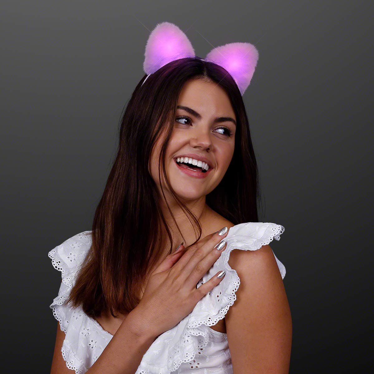 Light Up Soft White Furry Kitty Cat Ears Headband with Pink LED Lights