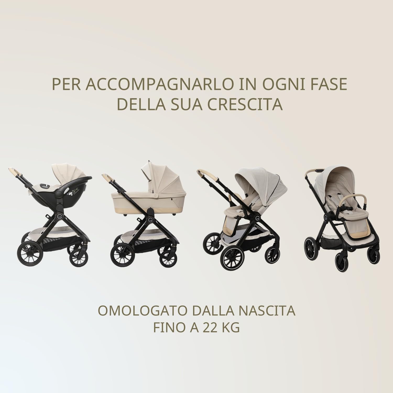 Giordani Trio Sistema Modulare G-Comfort, Passeggino Chiusura Automatica Fronte Mamma Strada 0-22kg, Navicella e Seggiolino Auto con Tasti Memory, Ruote Ammortizzate e Fibbia Magnetica