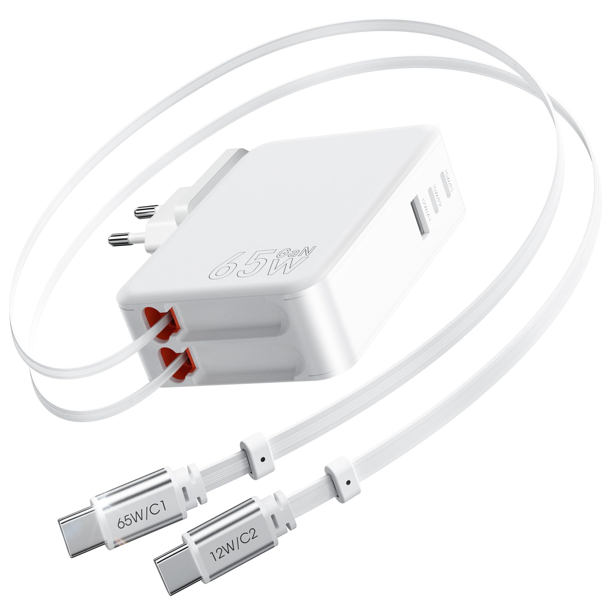 SPGUARD Caricabatterie retrattile 5 in 1, 65 W, con 2 cavi estensibili, 120 cm, USB C GaN, caricatore da parete con cavo doppio tipo C, compatibile con iPhone 17/16/15/14/13/iPad/Galaxy
