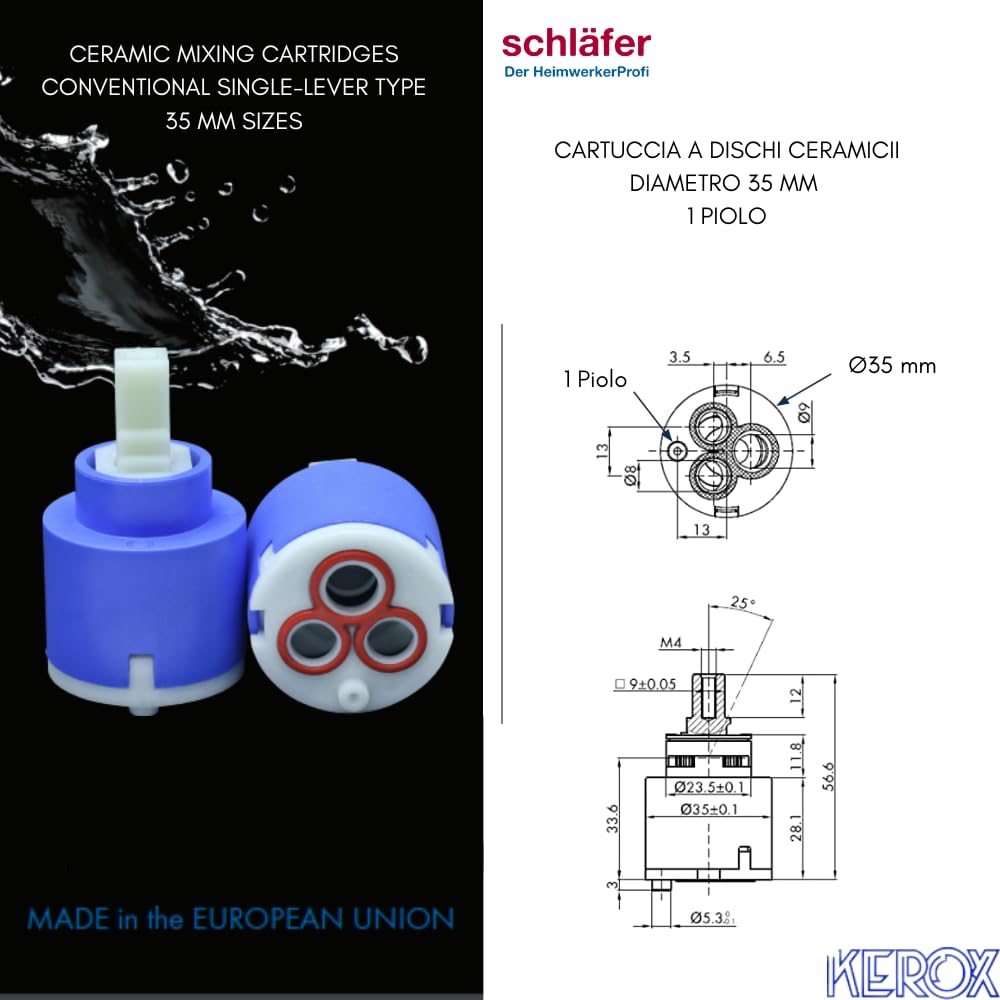 Schläfer | 480037 – Cartouche de mélangeur 35 mm de rechange en céramique pour Kerox 35 mm K35 sans socle de cartouche avec 1 robinet à pied cartouche évier