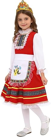 Kids Girls 3 Pieces Russia Clothing Embroider Patterns Dress Sequins Beads Hair Band