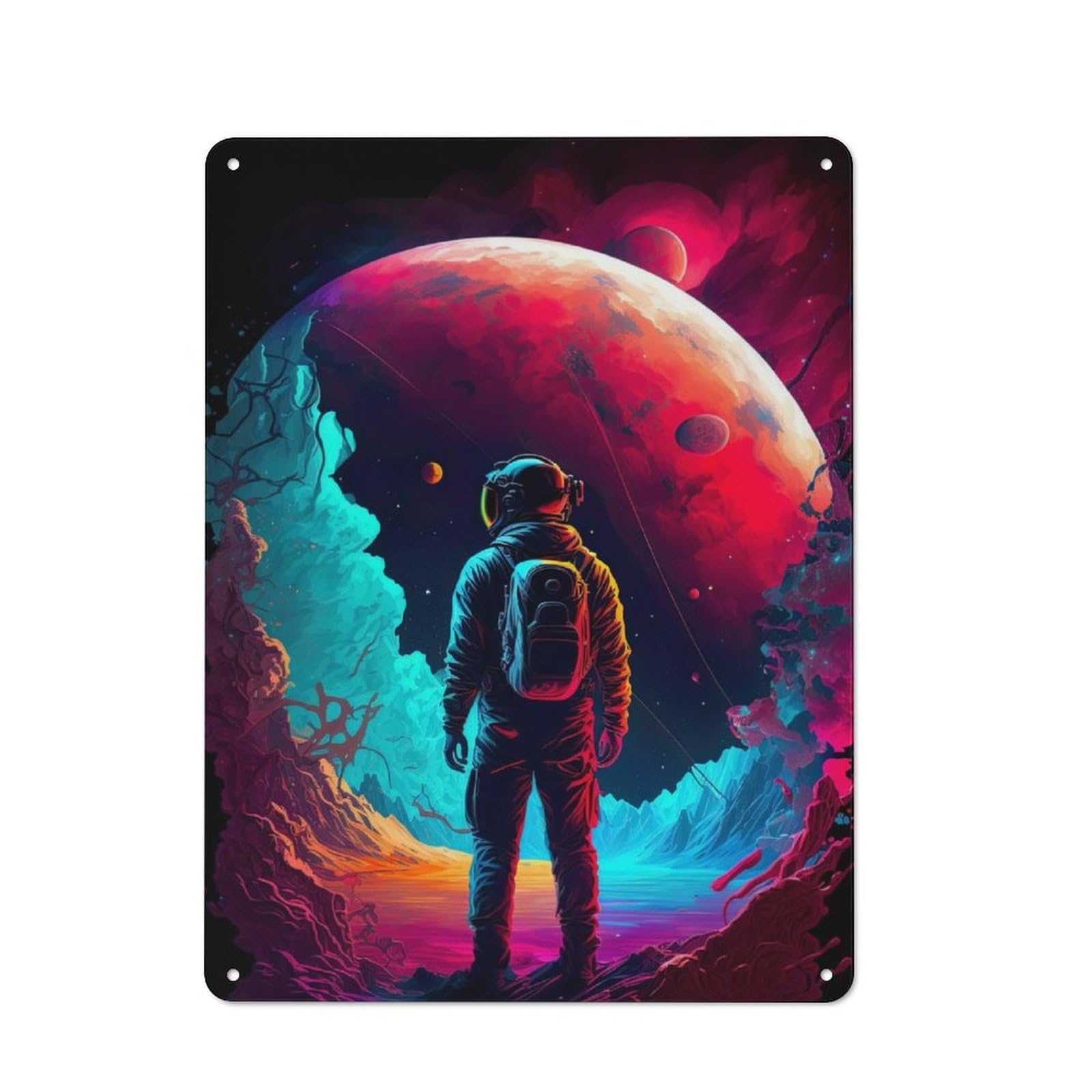 Neon Astronaut in Space Barn Style Metal Wall Decor 40x30cm, Country Metal Sign for Kitchen, Cottage, Porch Or Garden Room