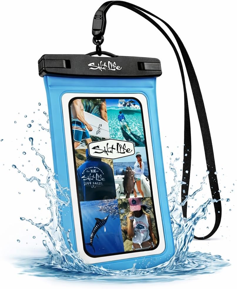 Salt Life Waterproof Phone Bag Sleeve – IPX8 100% Waterproof Protection, Universal Phone Pouch with Touchscreen Clear Window, Secure Seal Closure & Lanyard for Beach, Pool, Kayak & Travel (Aqua)