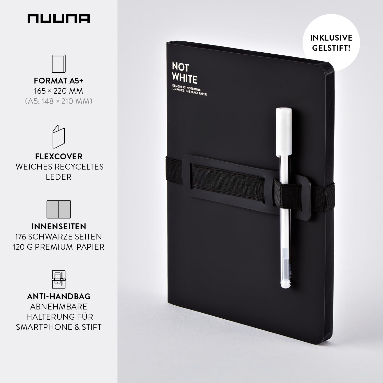 Nuuna Notizbuch A5+ Not White L Light - Schwarz, Leder schwarz