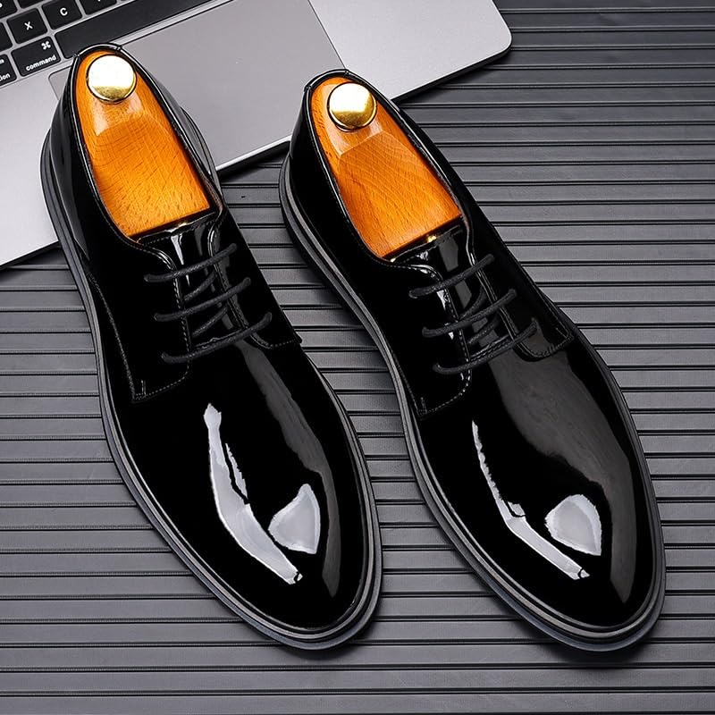 Mens Business Tuxedo Suit Shoes Pointed Toe Shiny Patent Leather Oxford Dress Shoes Black Non Slip Classic Lace Up Formal Tuxedo Derby Shoes(7)4
