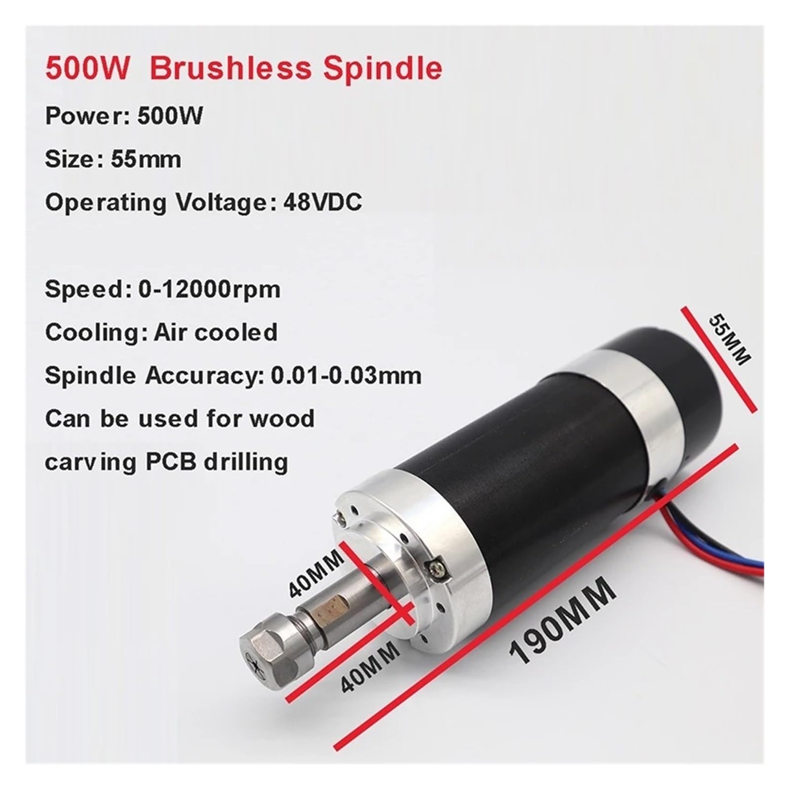 ER11/ER16 Collet 55mm PCB 500W Chłodzony Powietrzem Bezszczotkowy Silnik Wrzecionowy Grawerka 48V 12000R Sterownik Zasilacza + Zacisk Cicha, Wydajna I Stabilna Praca(ER16,500WBrushles Spindle)