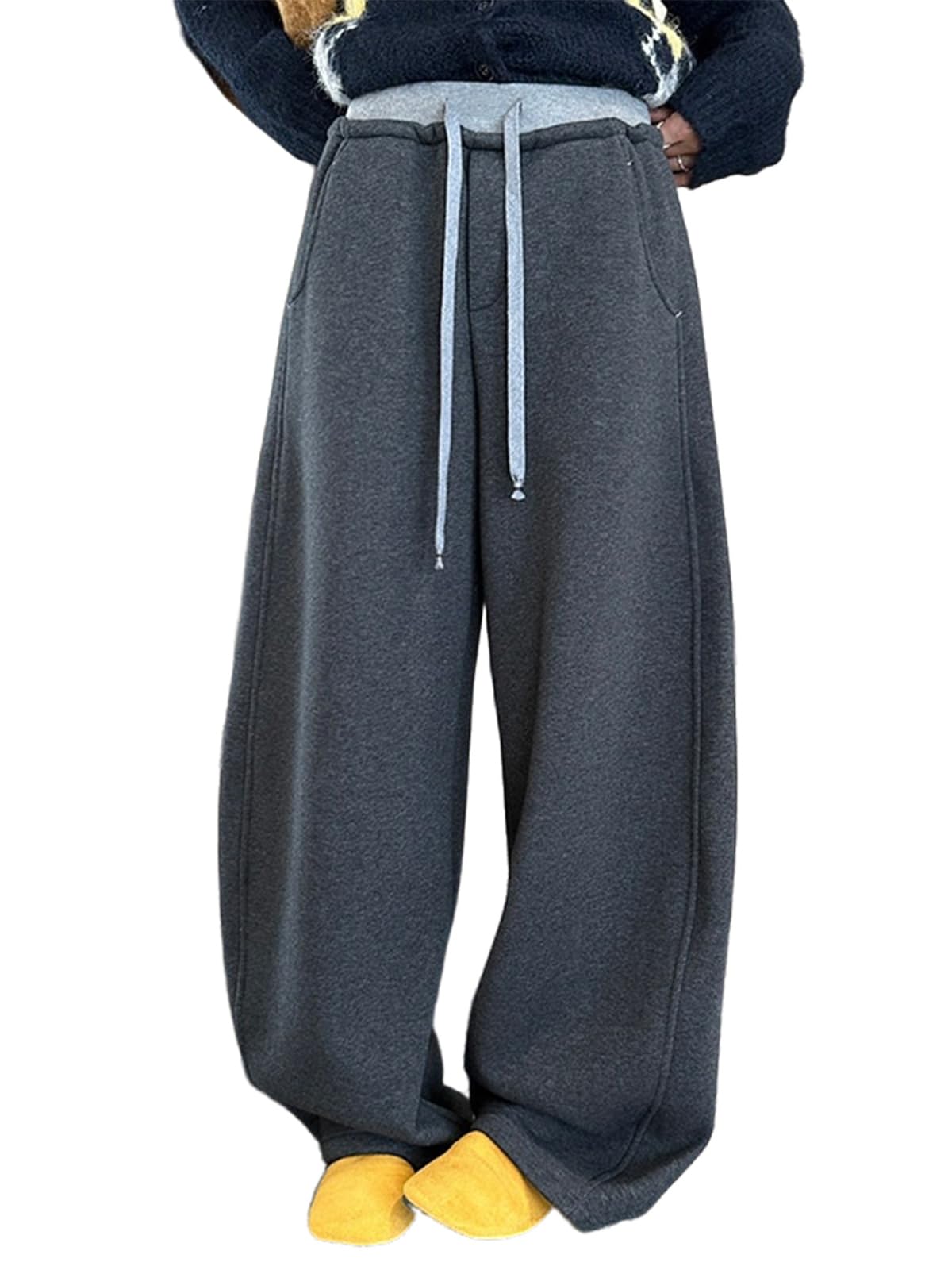Womens Baggy Wide Leg Sweatpants Y2k Loose Drawstring Double Waisted Adjustable Cuff Pants Fall Winter Sweatpants