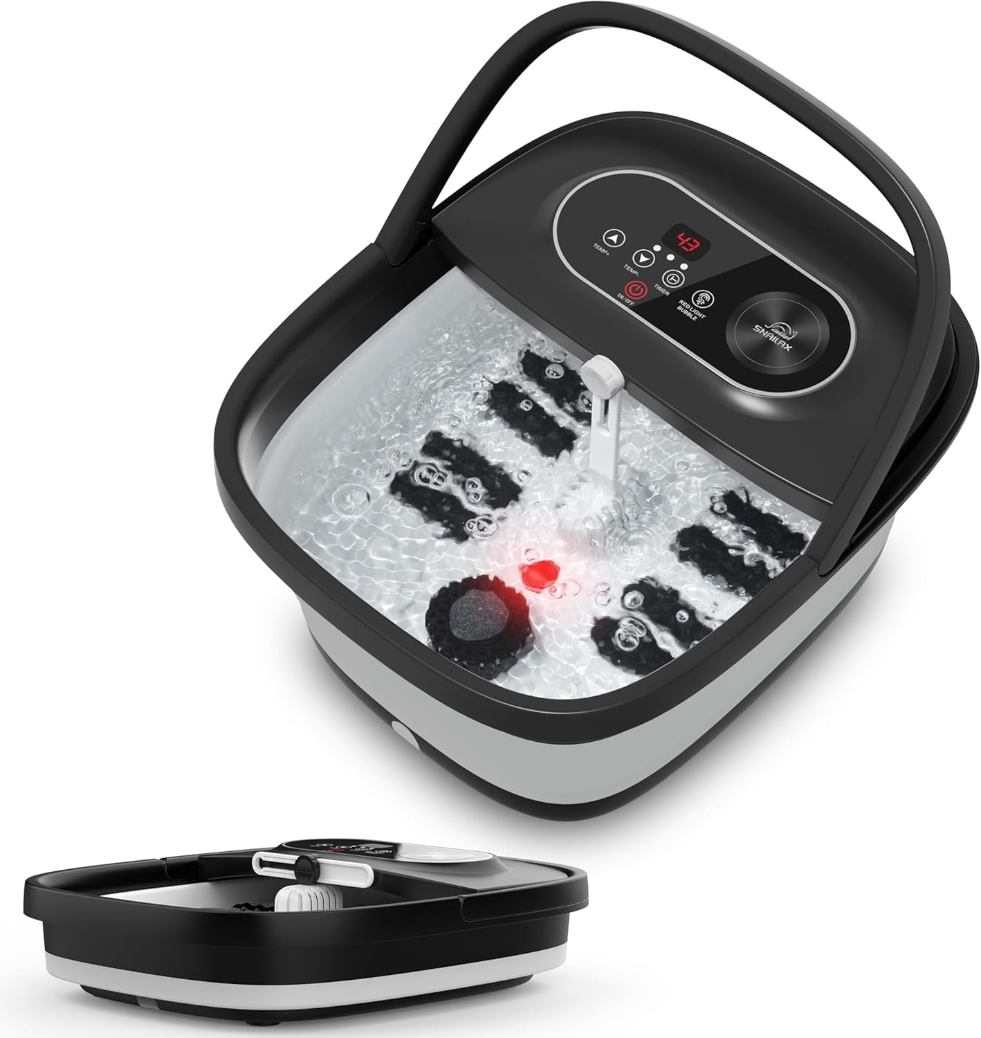 Snailax Bain de Pieds Pliable avec Chauffage et Massage, Spa Pour Pieds avec 14 Niveaux de Chauffage | Rouleaux Shiatsu | Bulles | Lumière Rouge | Minuterie, Massage Pieds Spa 35℃-48℃